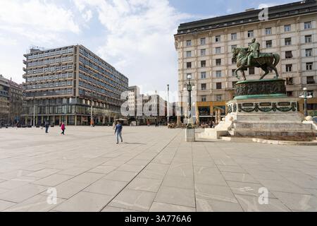 Belgrad, Serbien. März 2025. Die Reiterstatue des Prinzen Mihailo Monuments auf dem Platz der Republik im Stadtzentrum Stockfoto