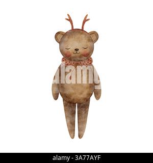 Teddybär in Rentierhörnern. Vintage-Spielzeug mit Haarreif in einem Weihnachtsanzug. Aquarell handgezeichnete Illustration im Cartoon-Stil auf isoliert Stockfoto