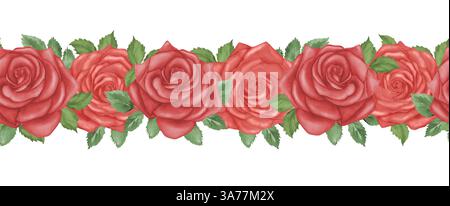 Nahtloser Aquarellrand aus leuchtend roten Rosen mit üppig grünen Blättern. Perfekt für Hochzeitseinladungen, Grußkarten, Verpackungen und romantische Designs Stockfoto