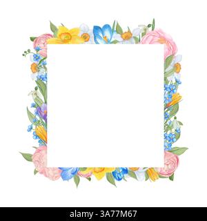 Handgemalter Blumenrahmen in Aquarellfarben mit hellen Frühlingsblumen – Pfingstrosen, Krokusse, Narzissen und Vergissmeinnots. Ideal für Hochzeitseinladungen, gre Stockfoto