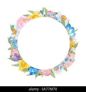 Handgemalter Blumenkranz in Aquarellfarben mit farbenfrohen Frühlingsblumen – Pfingstrosen, Krokusse, Narzissen und Vergissmeinnots. Perfekt für Hochzeitseinladungen Stockfoto