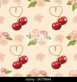 Ein romantisches, handgemaltes, nahtloses Aquarellmuster mit Kirschen mit herzförmigen Stielen und zarten rosa Blüten. Ideal für Valentinstag, W Stockfoto