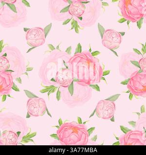 Elegantes nahtloses Blumenmuster von rosa Aquarellpfingstrosen mit grünen Blättern auf einem weichen rosa Hintergrund. Perfekt für Hochzeitsmotive, Einladungen, Text Stockfoto