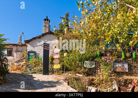 Eine enge Kopfsteinpflasterallee am Hügel mit Geschäften und Marktbasaren im alten Dorf Sirince, Türkei, in der Nähe von Kusadasi. Stockfoto