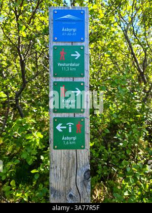Husavik, Island 22. Juni 2024, hölzerner Wegweiser mit Wegbeschreibungen und Entfernungen zu verschiedenen Wanderwegen im Vatnajokull-Nationalpark, Island, sur Stockfoto