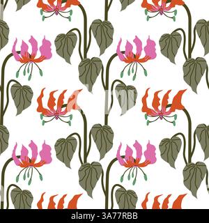 Nahtloses Muster mit exotischer Flammenlilie. Tropische Blumen mit eleganten botanischen Blumen und Blättern. Vektor-Illustration für Modedrucke Stock Vektor