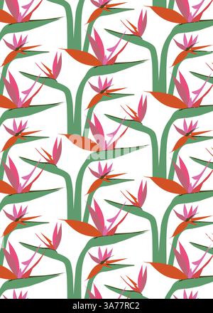 Nahtloses Muster mit Paradiesvogel-Blumen. Tropischer floraler Hintergrund mit exotischen handgezeichneten stilisierten Strelitzia. Elegante Vektorillustration Stock Vektor