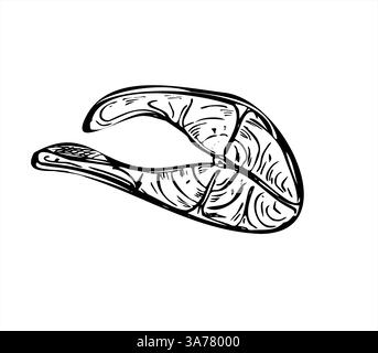 Ein Stück rohes Fischsteak, das für BBQ-Kochvektor-Illustration in minimalistischem Schwarz-weiß-Stil zubereitet wird. Grafik mit gedämpfter Meeresfrüchtefarbe Stock Vektor