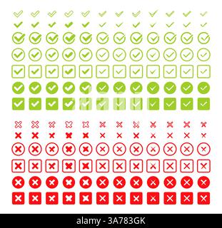 Setzen Sie Häkchen und Kreuze. Häkchen und X-Markierungssymbol. Genehmigt oder abgelehnt, korrekt oder falsch. Abbildung des Vektormaterials Stock Vektor