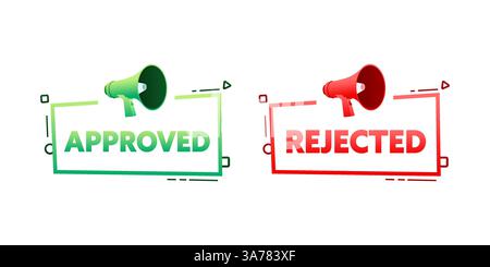 Megaphon mit genehmigtem und abgelehntem Sprechblasenbanner. Werbe- und Werbelabel. Abbildung des Vektormaterials Stock Vektor