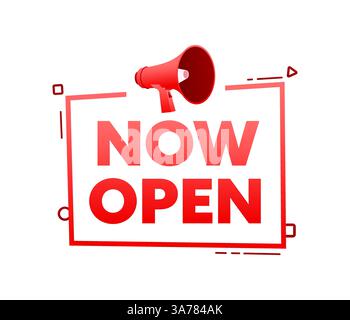 Megaphon mit jetzt geöffnetem Sprechblase-Banner. Werbe- und Werbelabel. Abbildung des Vektormaterials Stock Vektor