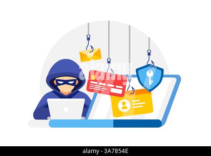 Illustration des Cybersecurity-Konzepts, die einen Hacker mit Phishing-Hooks zeigt, der E-Mails, Kreditkarten und sichere Daten abzielt Stock Vektor