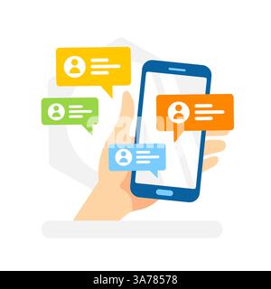 Die Hand hält ein Smartphone mit Chatblasen, perfekt für Konzepte in der mobilen Kommunikation, sozialen Medien und modernen digitalen Konversationen Stock Vektor