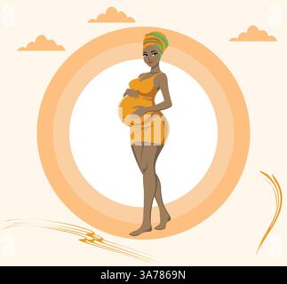 Elegante schwangere afrikanische Frau im orange Kleid mit Kopftuch Vektor-Illustration Stock Vektor