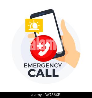 Hand, die ein Smartphone mit einem Notrufsymbol und einem Warnbenachrichtigungssymbol hält Stock Vektor