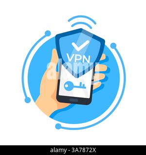 Hand hält ein Smartphone mit einem Schildsymbol, das eine VPN-Verbindung für sicheren Internetzugang darstellt Stock Vektor