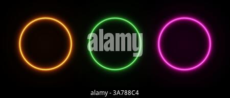 Rundrahmen mit Neonlicht. Lichtkreis-LED-Rahmen. Satz von Vektorlaserringen in gelb, grün und rosa Farbe. Stock Vektor