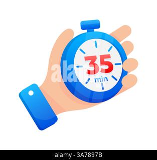 Halten Sie eine blaue Stoppuhr fest, die auf 35 Minuten eingestellt ist, mit einer auffälligen roten Markierung auf dem Timer Stock Vektor