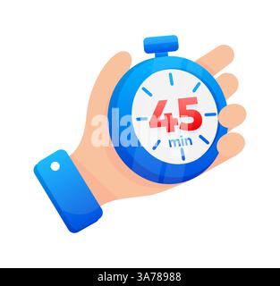 Halten Sie eine blaue Stoppuhr fest, die auf 45 Minuten eingestellt ist, mit einer auffälligen roten Markierung auf dem Timer Stock Vektor