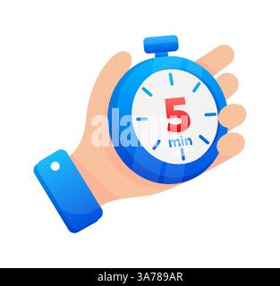 Halten Sie eine blaue Stoppuhr fest, die auf 5 Minuten eingestellt ist, mit einer auffälligen roten Markierung auf dem Timer Stock Vektor