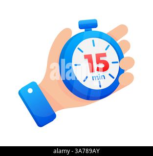 Halten Sie eine blaue Stoppuhr fest, die auf 15 Minuten eingestellt ist, mit einer auffälligen roten Markierung auf dem Timer Stock Vektor