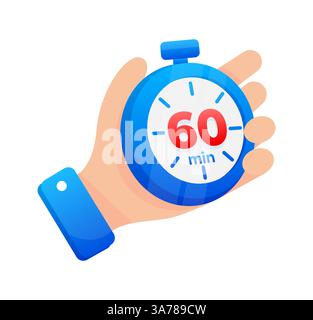 Halten Sie eine blaue Stoppuhr fest, die auf 60 Minuten eingestellt ist, mit einer auffälligen roten Markierung auf dem Timer Stock Vektor
