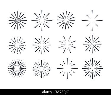 Sunburst Set. Starburst Ray oder Feuerwerk Design-Elemente. Vektorabbildung Stock Vektor