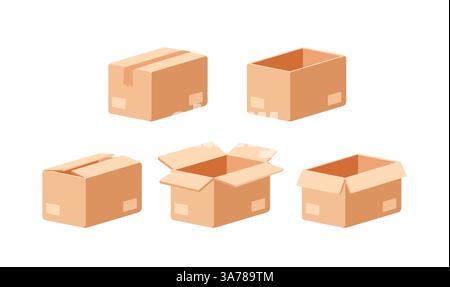 Lieferung, Versandverpackung offener und geschlossener Karton. Postcontainer in verschiedenen Formen. Vektorabbildung Stock Vektor