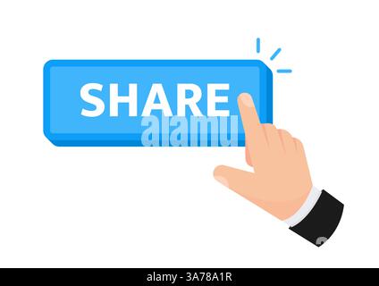 Tippen Sie mit der Hand auf die Schaltfläche „Teilen“. Web-Schaltfläche. Fingerdruck. Inhalte auf Social-Media-Plattformen. Vektorabbildung Stock Vektor