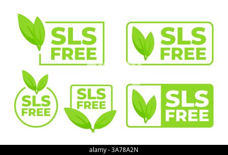 Set von SLS Free Etiketten mit einem grünen Blatt, die Produkte ohne Natriumlaurylsulfat für gesundheitsbewusste Verbraucher anzeigen. Stock Vektor