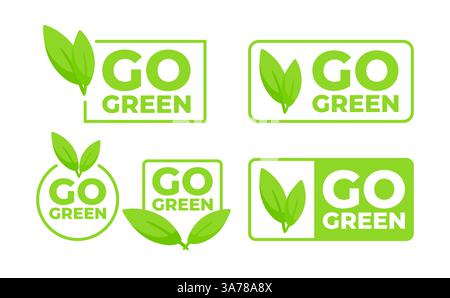 Kollektion umweltfreundlicher Go Green-Symbole mit Blattmotiven zur Förderung der ökologischen Nachhaltigkeit. Stock Vektor