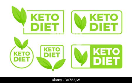 Satz von Produktetiketten mit grünem Blatt, die die Eignung für eine ketogene Keto-Diät anzeigen. Stock Vektor