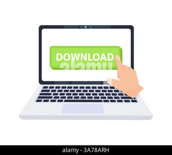 Handzeiger, der auf eine Download-Schaltfläche auf einem Laptop-Bildschirm klickt. Vektorabbildung Stock Vektor