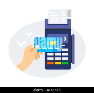 Kontaktlose Zahlung. Zahlung an POS-Terminal. Menschliche Hand hält Guthaben in der Nähe des POS-Terminals, um zu bezahlen. Vektorabbildung Stock Vektor