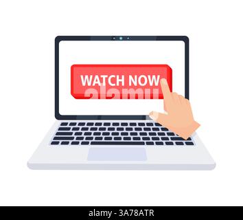Handzeiger, der auf eine Schaltfläche „jetzt ansehen“ auf einem Laptop-Bildschirm klickt. Vektorabbildung Stock Vektor