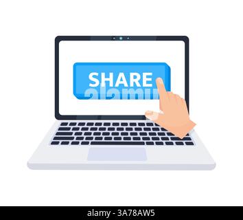 Handzeiger, der auf eine Share-Schaltfläche auf einem Laptop-Bildschirm klickt. Vektorabbildung Stock Vektor