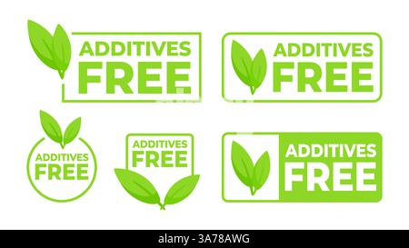 Grüne Etiketten, die Zusatzstoffe kommunizieren frei mit einem Blatt-Symbol, für gesundheitsorientierte Lebensmittel und Konsumgüter Stock Vektor