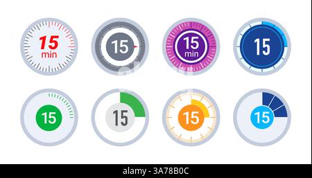 15-Minütiger Countdown. Stoppuhr, Timer-Symbole eingestellt. Vektorabbildung Stock Vektor