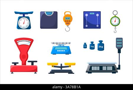 Bewahren Sie elektronische und mechanische Waagen für die Gewichtsmessung auf. Markt- oder Küchenmessgerät. Vektorabbildung Stock Vektor