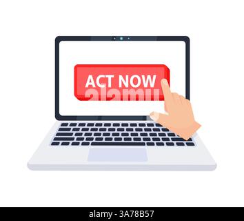 Handzeiger, der auf eine Schaltfläche „jetzt handeln“ auf einem Laptop-Bildschirm klickt. Vektorabbildung Stock Vektor