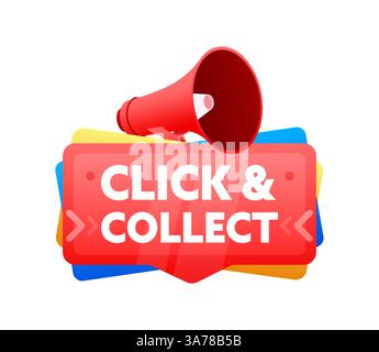 Klicken Sie auf und sammeln Sie. Abzeichen mit Megaphon-Banner, Etikett. Marketing und Werbung. Vektorabbildung Stock Vektor