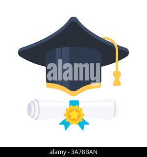 Graduierungskappe mit Grad. Diplomscrollen. Hochschulabschluss. Vektorabbildung Stock Vektor