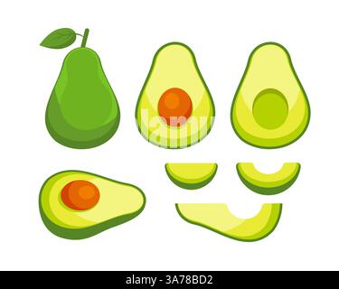 Eine Reihe frischer ganzer und halber Avocado. Nahrung für eine gesunde Ernährung. Vektorabbildung Stock Vektor