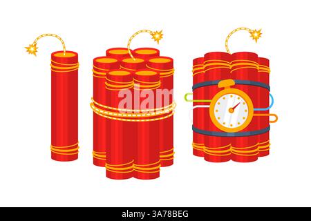 Dynamit mit brennendem Sicherungssatz. Detonationsgerät TNT, Bombe. Vektorabbildung Stock Vektor
