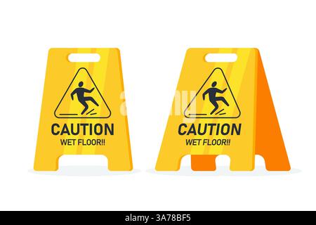 Achtung: Nasser Boden, Bodenschild. Gelbes Symbol für öffentliche Warnmeldung. Rutschige Oberfläche Vorsicht bei Kunststoffplatten. Vektorabbildung Stock Vektor