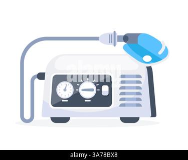 Vernebler. Kompressor-Inhalator mit langem Luftrohr. Medizinische Maschine mit Maske und Aerosolkompressor. Vektorabbildung. Stock Vektor