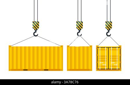 Frachtcontainer hängt an einem Kranhaken. Portkran. Weltweite Lieferung. Vektorabbildung Stock Vektor