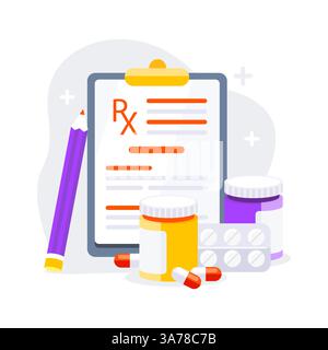 Arztbericht verschreibungspflichtiges Medikament. RX mit Pillen und Kapsel auf dem Klemmbrett. Stock Vektor