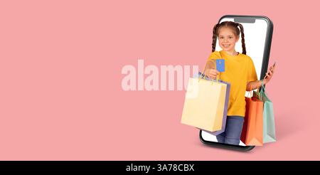 Kunde genießt Online-Shopping mit einem Smartphone mit Taschen in der Hand Stockfoto