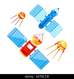 Satelliten- und Schüsselantenne im Weltraum. GPS-Satellit. Funksender im Orbit Stock Vektor